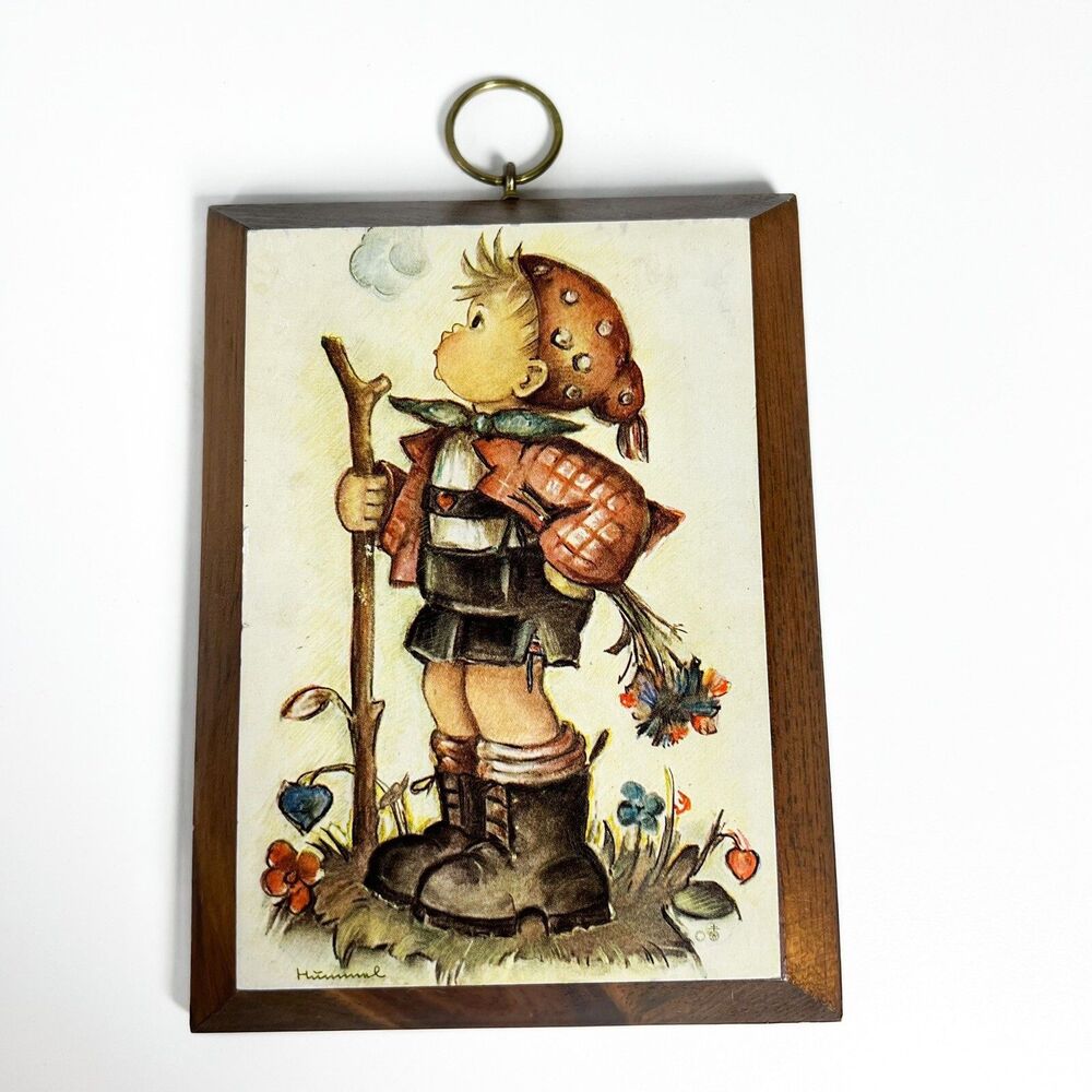 Vintage Hummel Boy with Walking Stick Little Hiker Print On Wood 6” By 4.5”